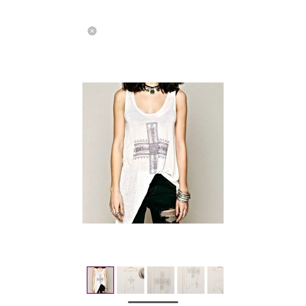 WE THE FREE PEOPLE White Asymmetrical Hem Tank Top Cross Graphic S Boho Goth